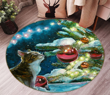 3D Cat Red Ball 54076 Christmas Round Non Slip Rug Mat Xmas