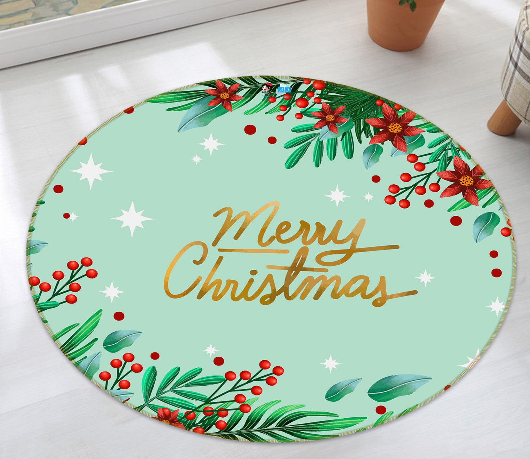 3D Red Ball Branches 75132 Round Non Slip Rug Mat