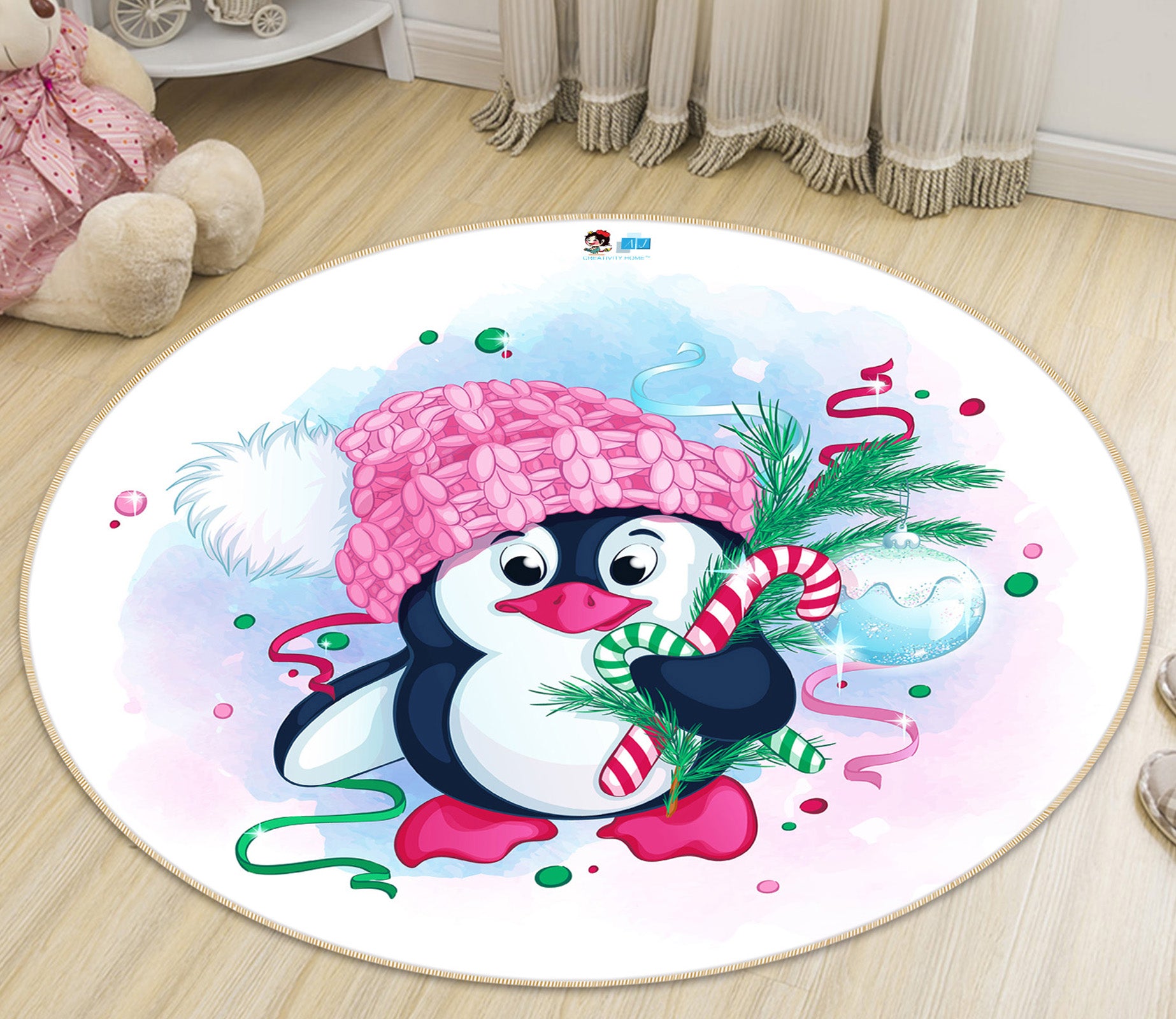 3D Penguin 74237 Round Non Slip Rug Mat