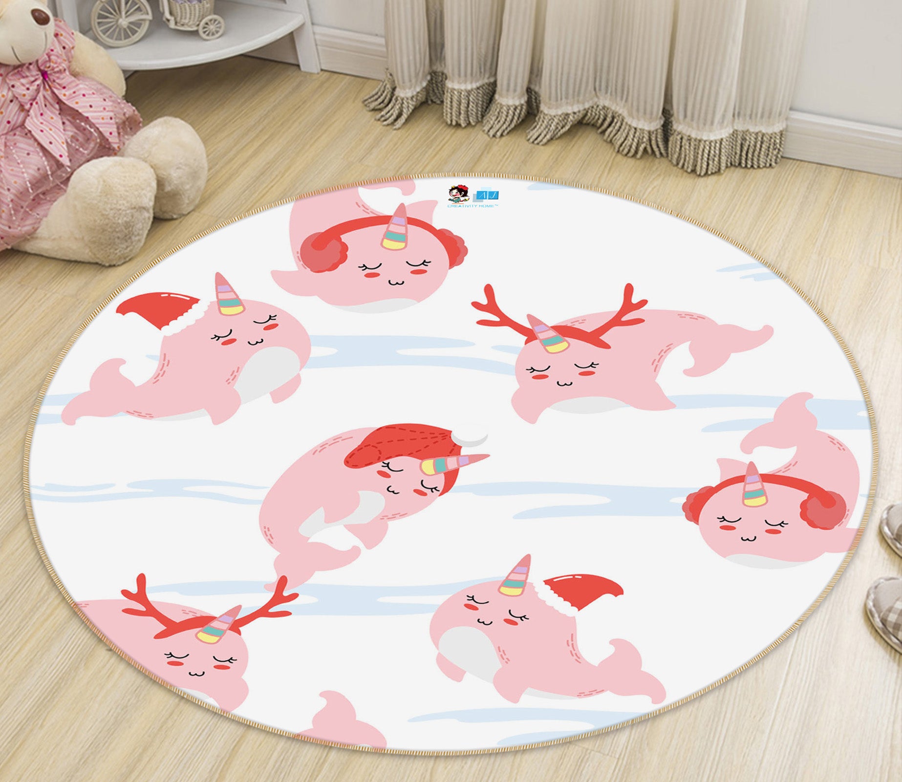 3D Pink Whale 75046 Round Non Slip Rug Mat
