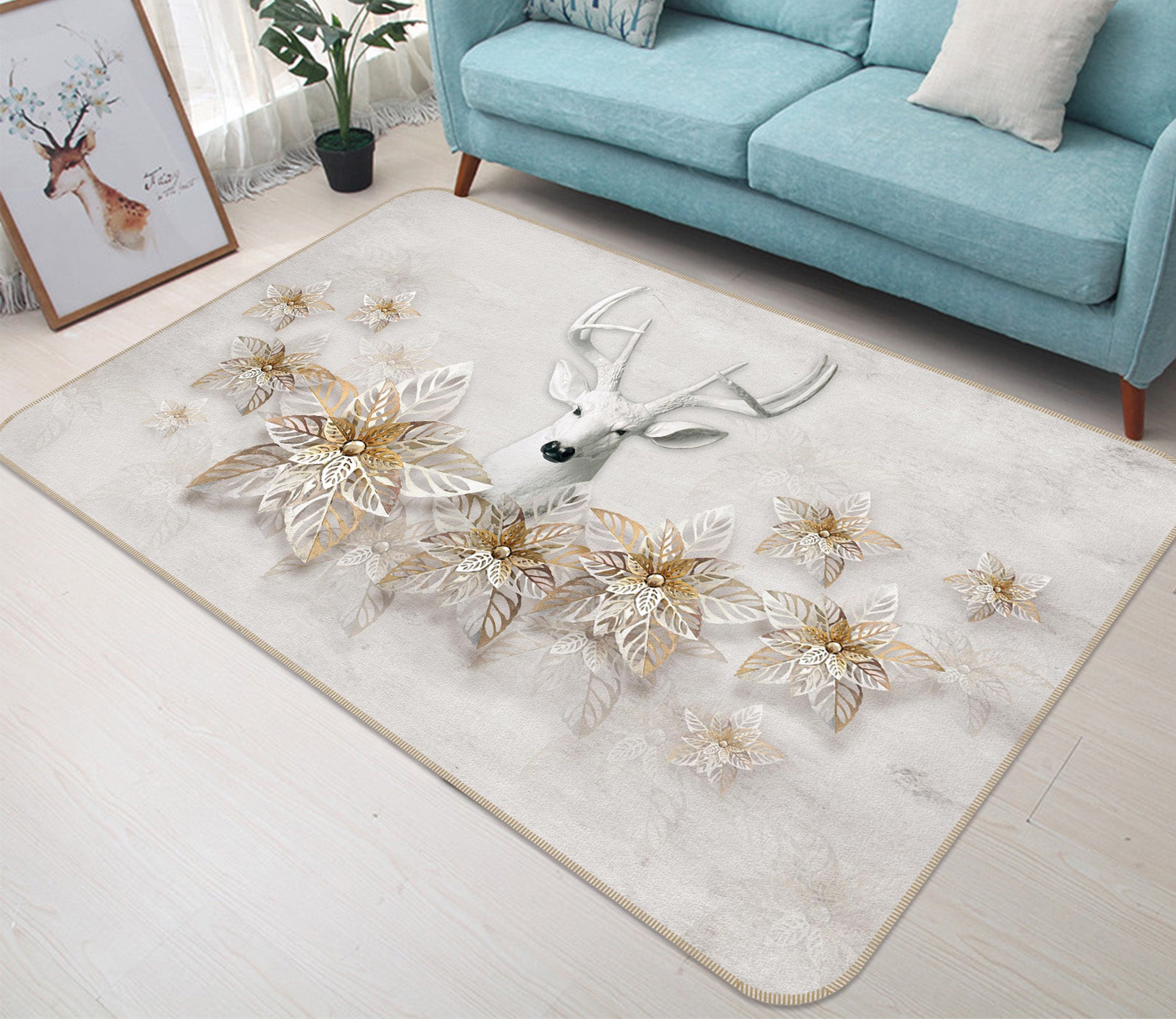 3D White Deer Flowers 65124 Non Slip Rug Mat