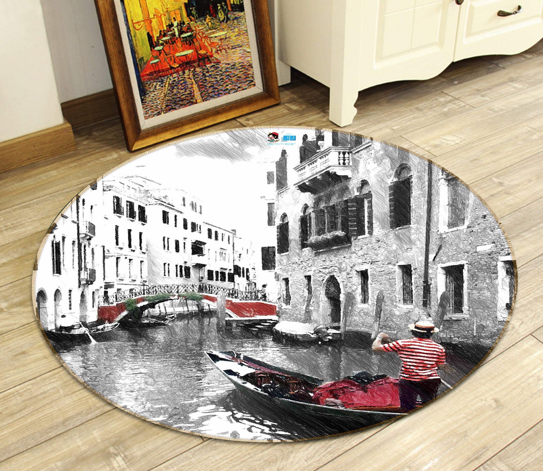 3D Black White Houses 72113 Round Non Slip Rug Mat