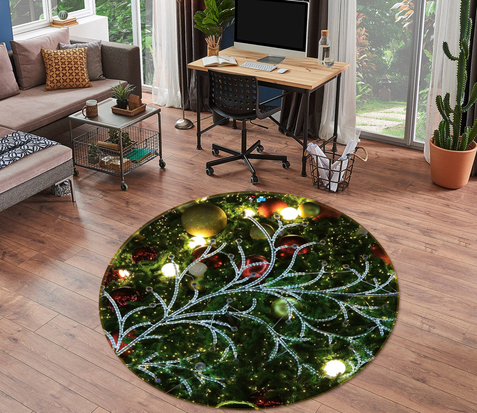 3D Branches Light 54173 Christmas Round Non Slip Rug Mat Xmas
