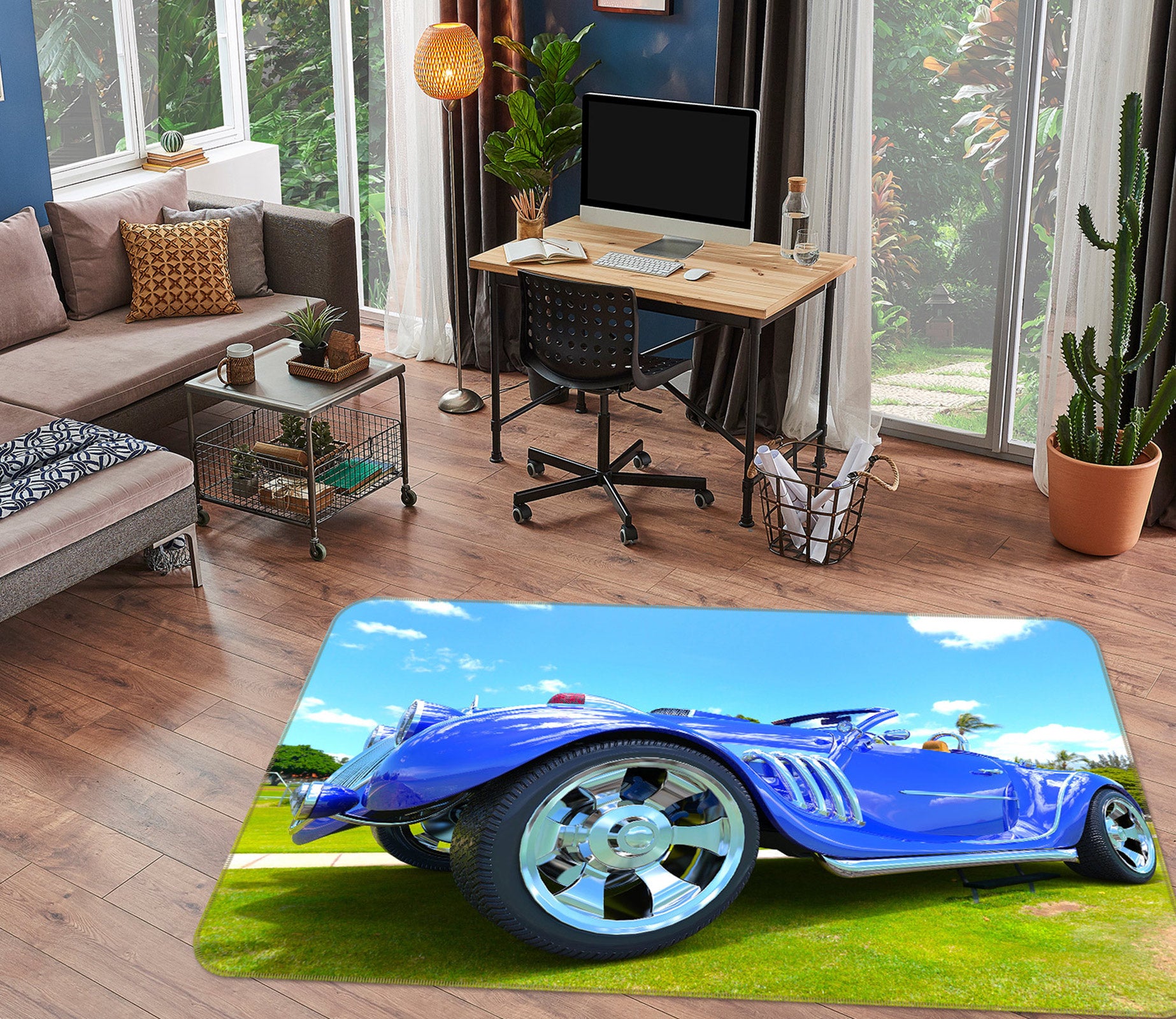 3D Grass Blue Car 67221 Vehicle Non Slip Rug Mat