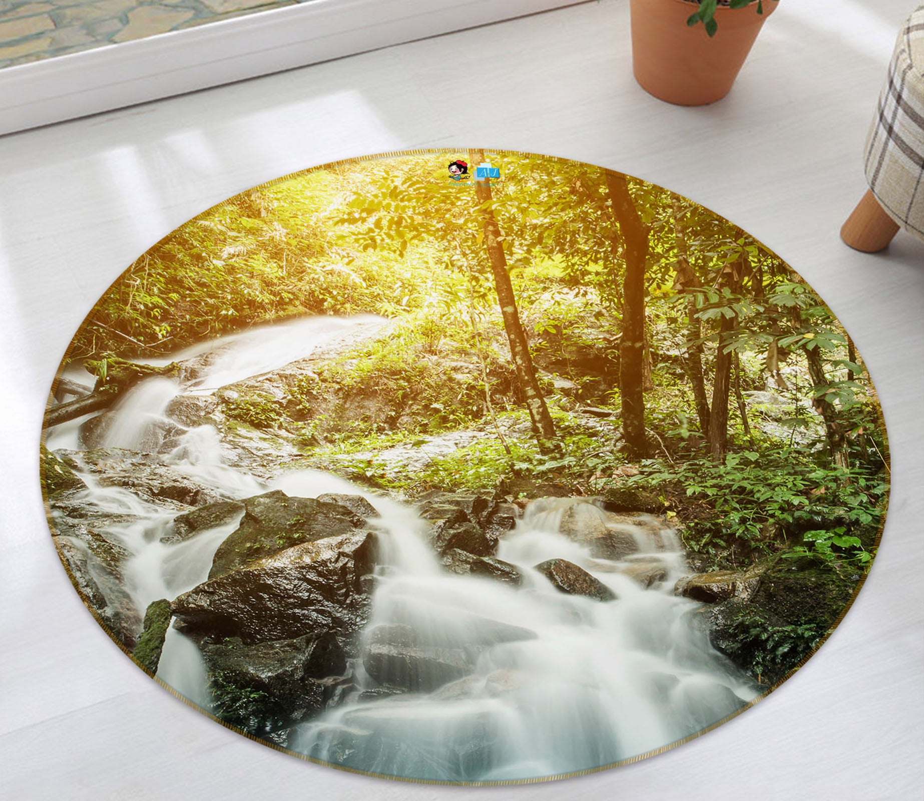3D Jungle Running Water 69094 Round Non Slip Rug Mat