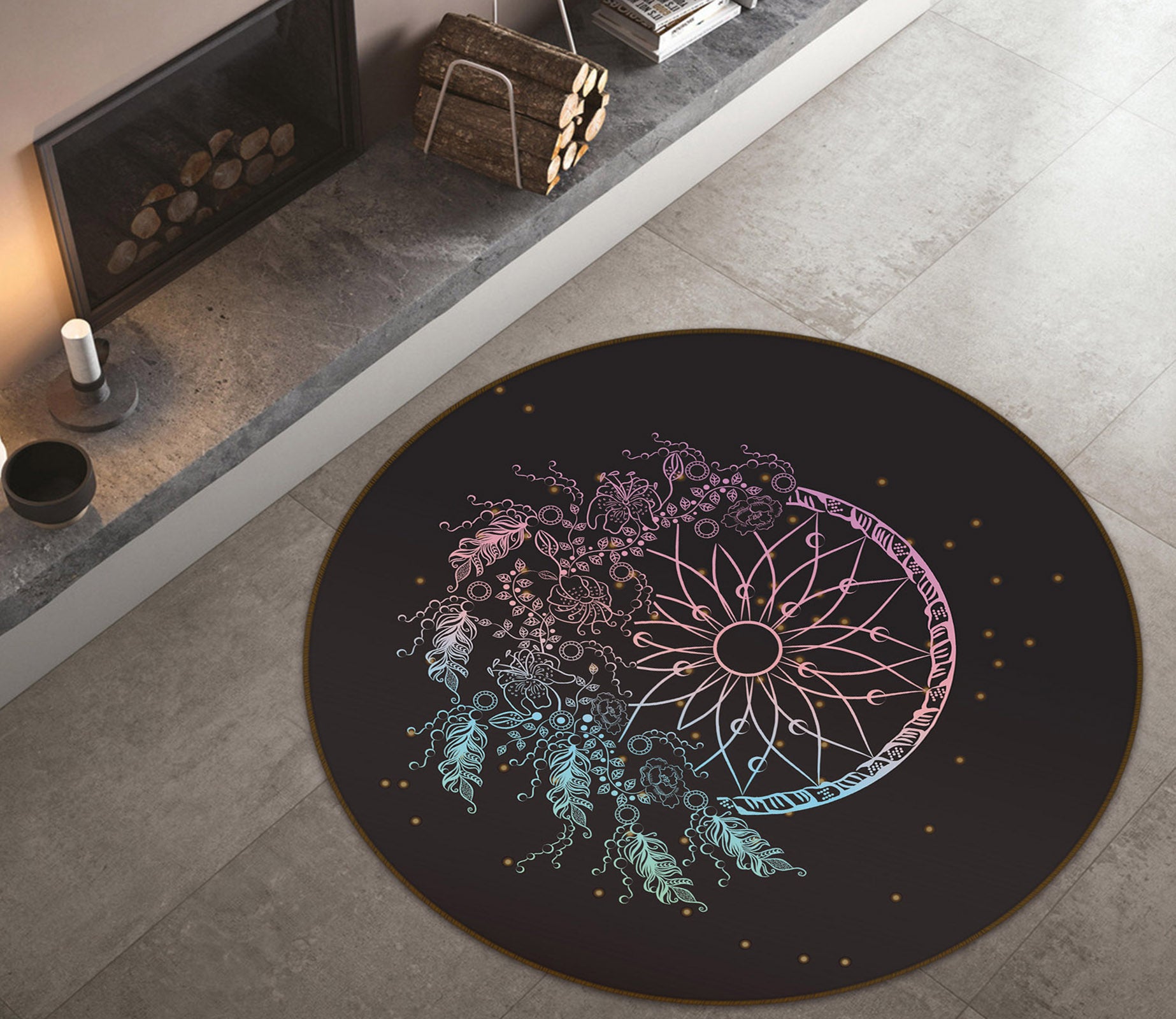 3D Flower Circle Dream Catcher 29039 Round Non Slip Rug Mat
