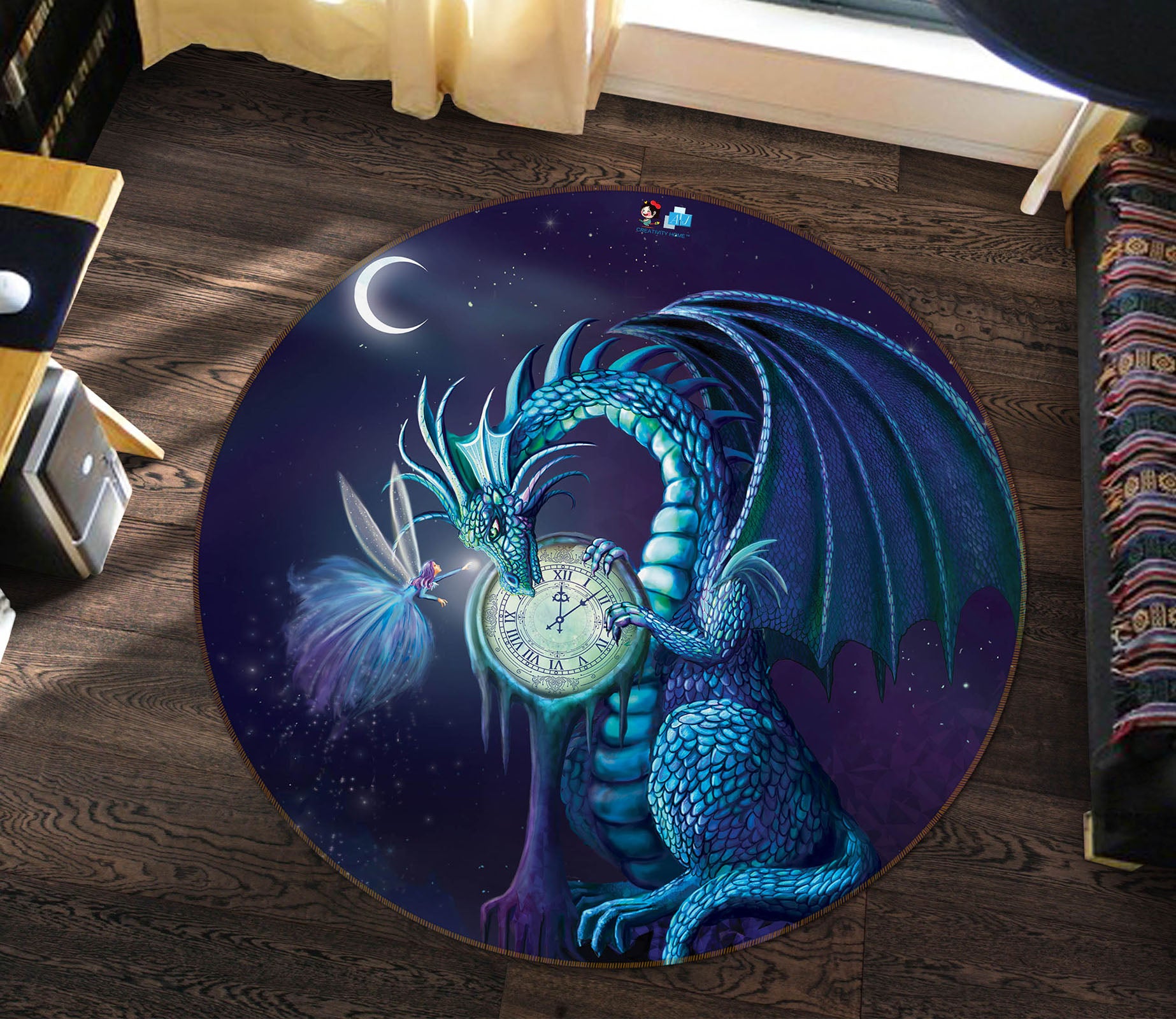 3D Moon Clock Dinosaur 83173 Rose Catherine Khan Rug Round Non Slip Rug Mat