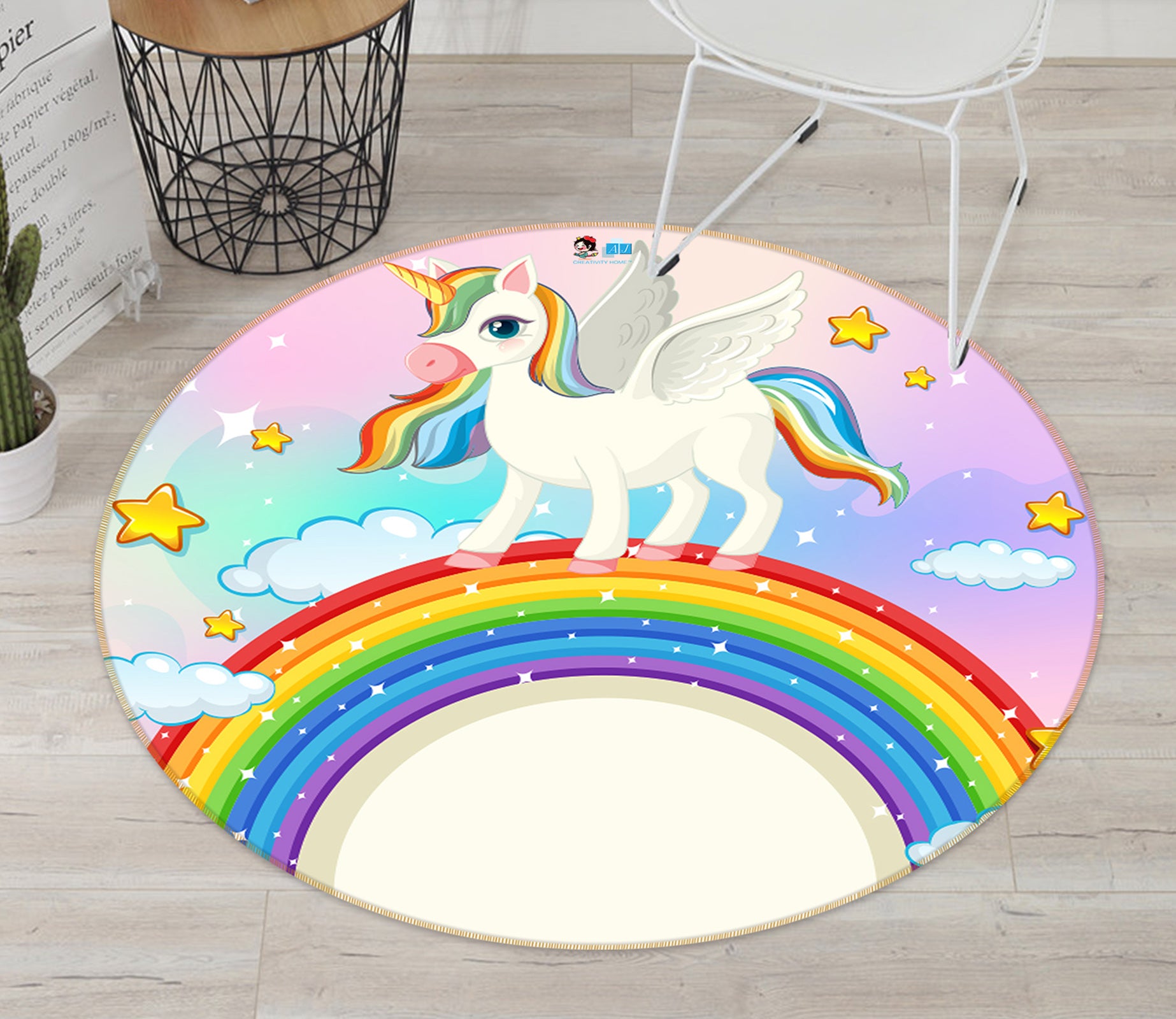 3D Rainbow Cloud Unicorn 81119 Round Non Slip Rug Mat