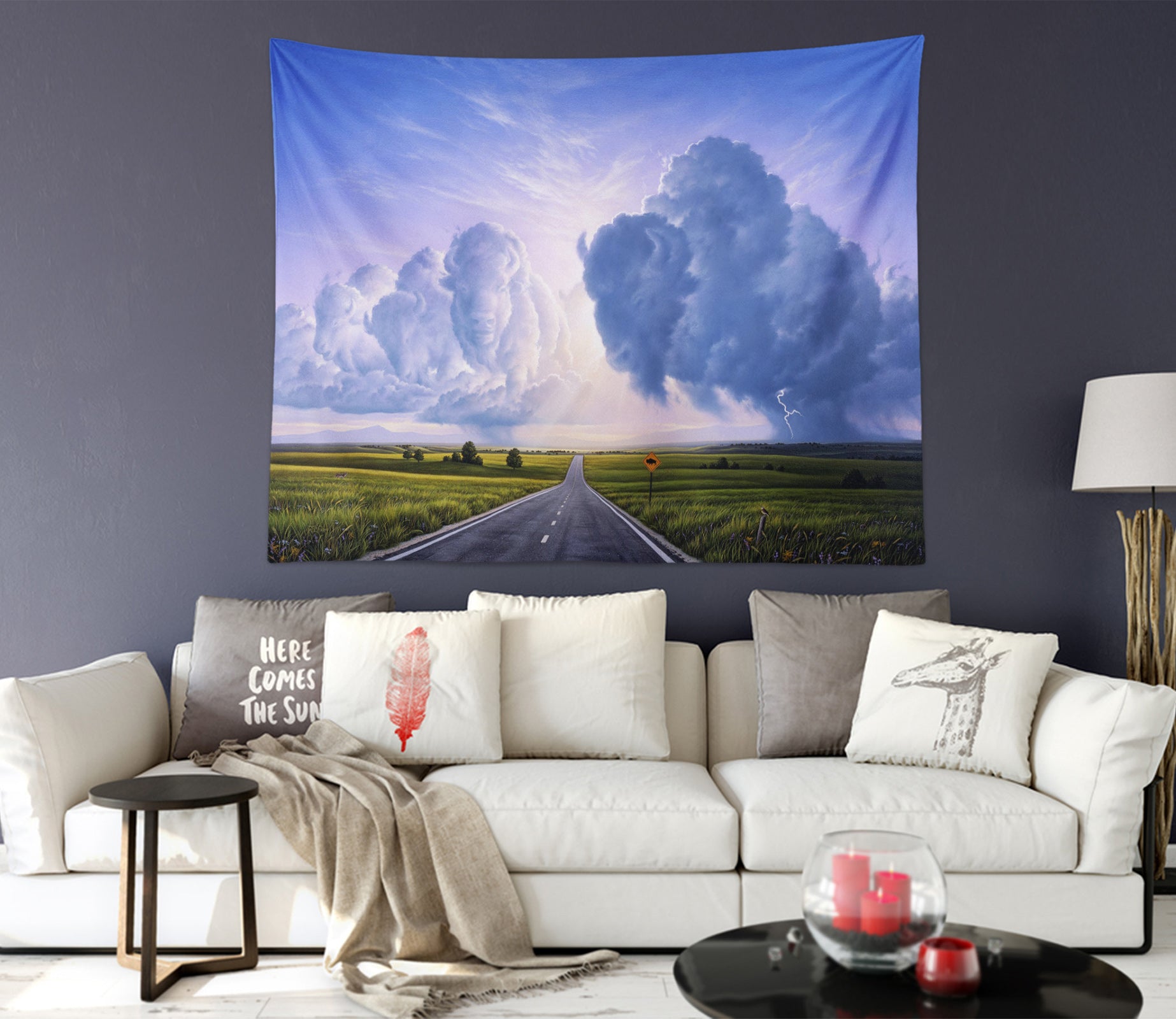 3D Grass Road Clouds 111125 Jerry LoFaro Tapestry Hanging Cloth Hang