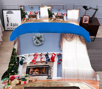3D Sock Fireplace 45108 Christmas Quilt Duvet Cover Xmas Bed Pillowcases