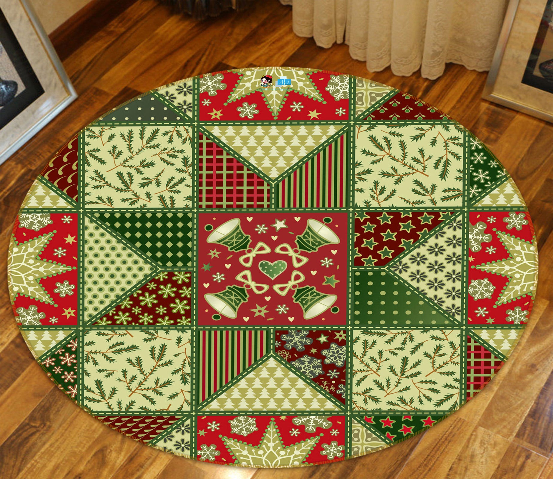 3D Green Pattern 54052 Christmas Round Non Slip Rug Mat Xmas