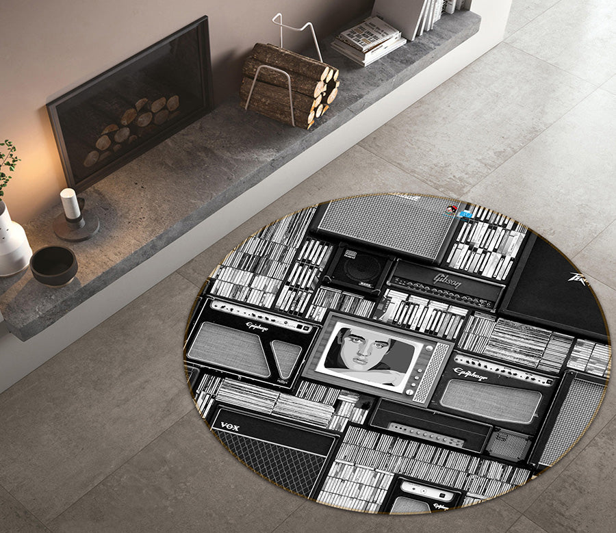 3D Black Gray TV 64090 Round Non Slip Rug Mat