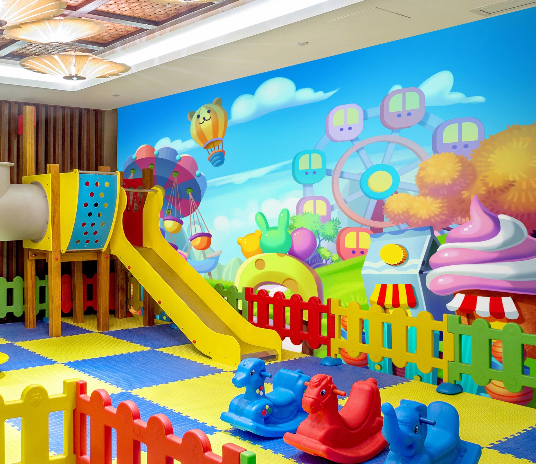 3D Cartoon Hot Air Balloon Ferris Wheel 1408 Indoor Play Centres Wall Murals