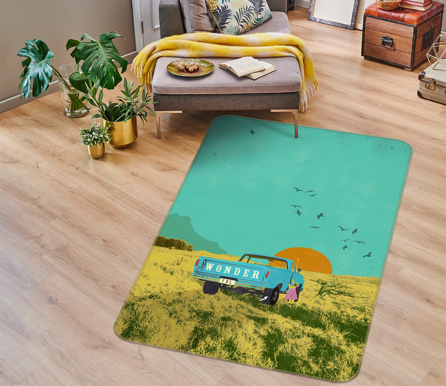 3D Grassland Car Sunrise 84111 Showdeer Rug Non Slip Rug Mat
