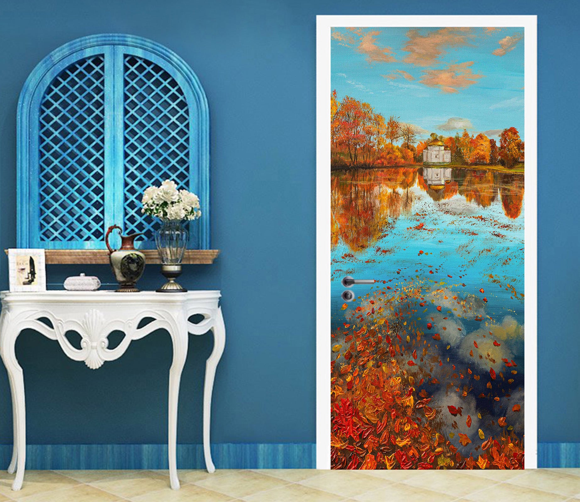 3D Lake Autumn Fallen Leaves 9429 Marina Zotova Door Mural