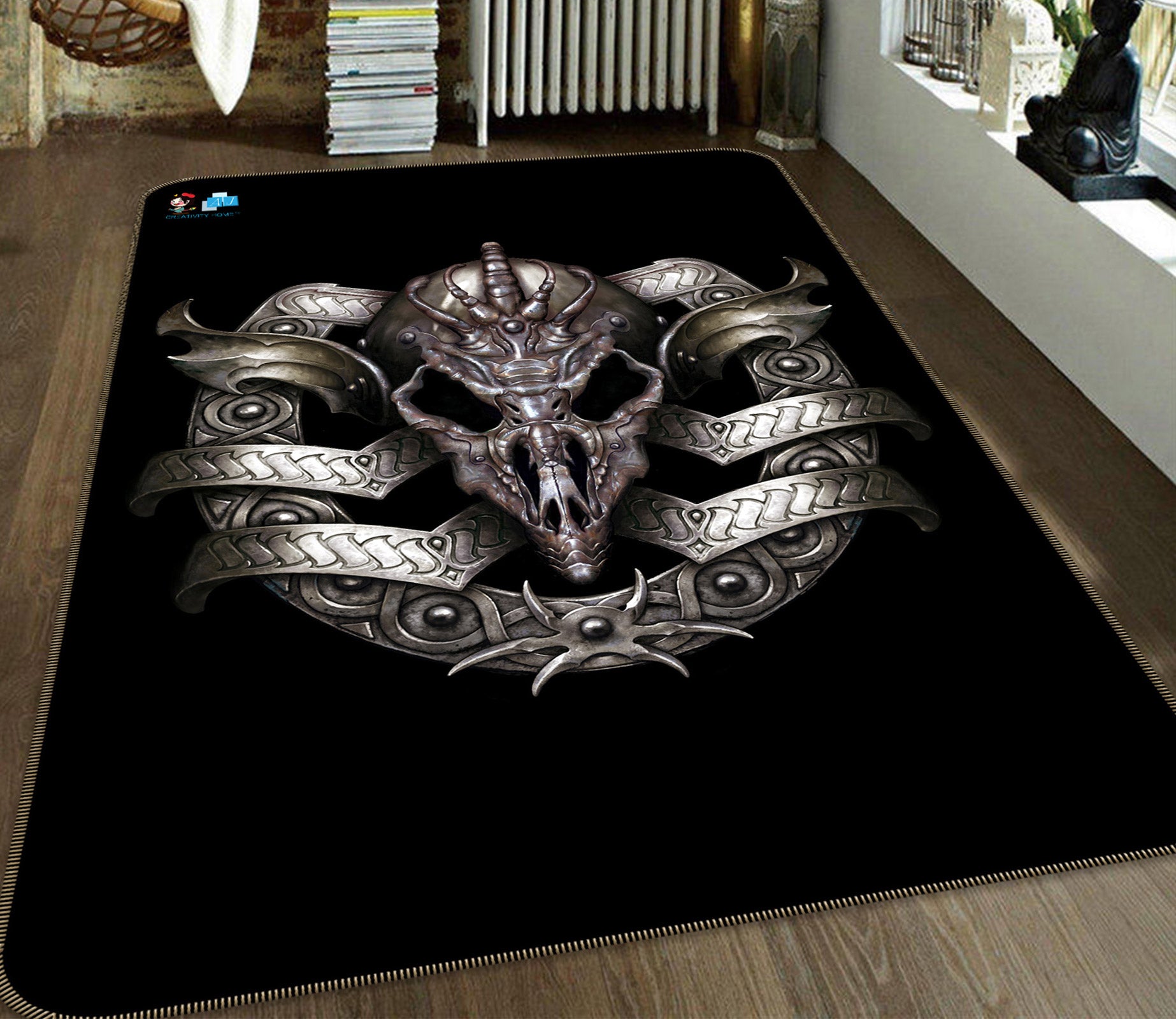 3D Metal Skull 6018 Ciruelo Rug Non Slip Rug Mat