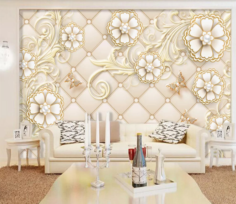 3D White Pearl Flower WC981 Wall Murals