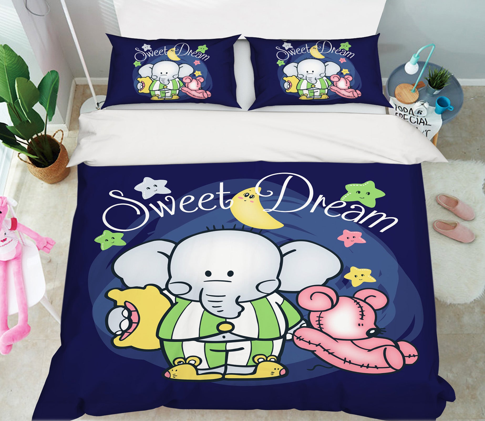 3D Cartoon Elephant Moon Bear 58206 Bed Pillowcases Quilt