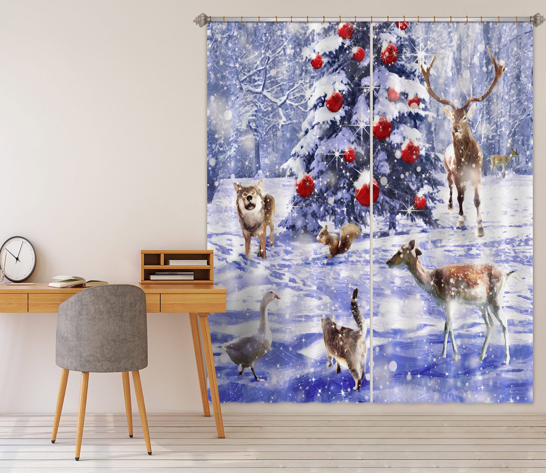3D Snow Tree Deer 52027 Christmas Curtains Drapes Xmas