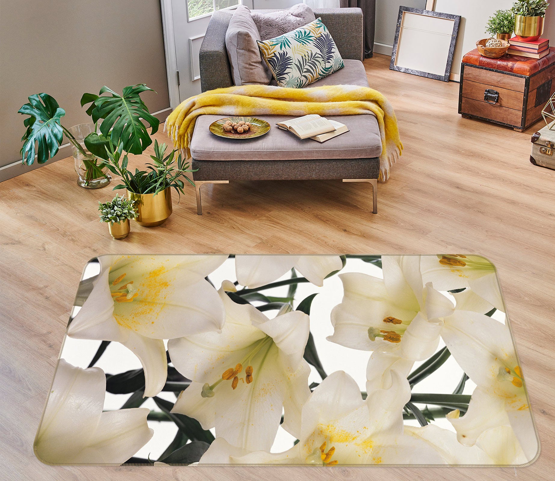 3D White Flowers 75266 Non Slip Rug Mat