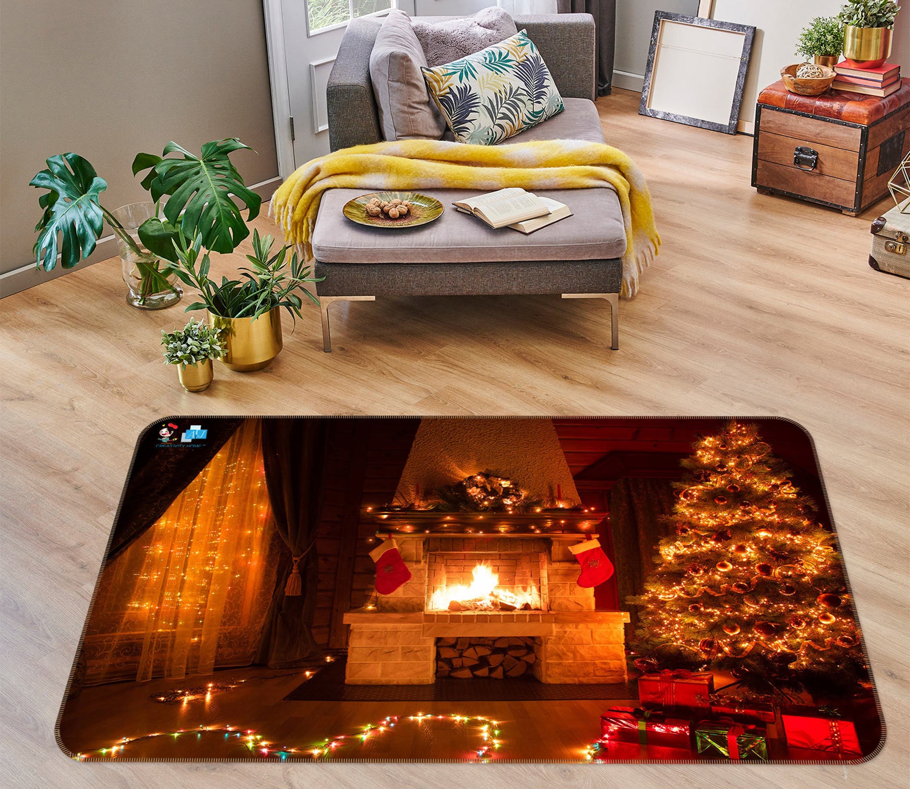 3D Fireplace Lights 55016 Christmas Non Slip Rug Mat Xmas