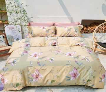 3D Yellow Background Pink Flower 5011 Bed Pillowcases Quilt