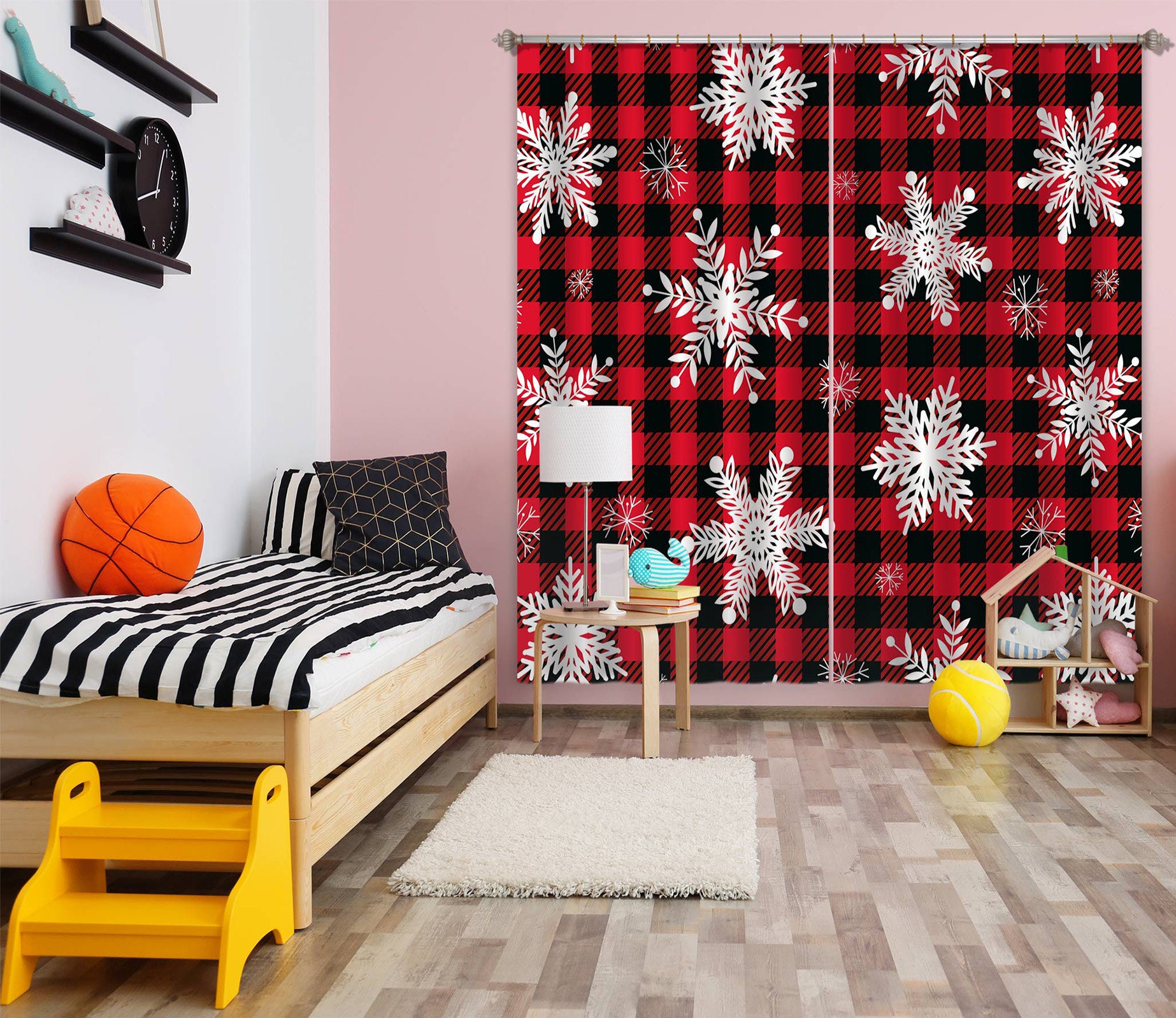3D Snowflake Black Red Plaid 52085 Christmas Curtains Drapes Xmas