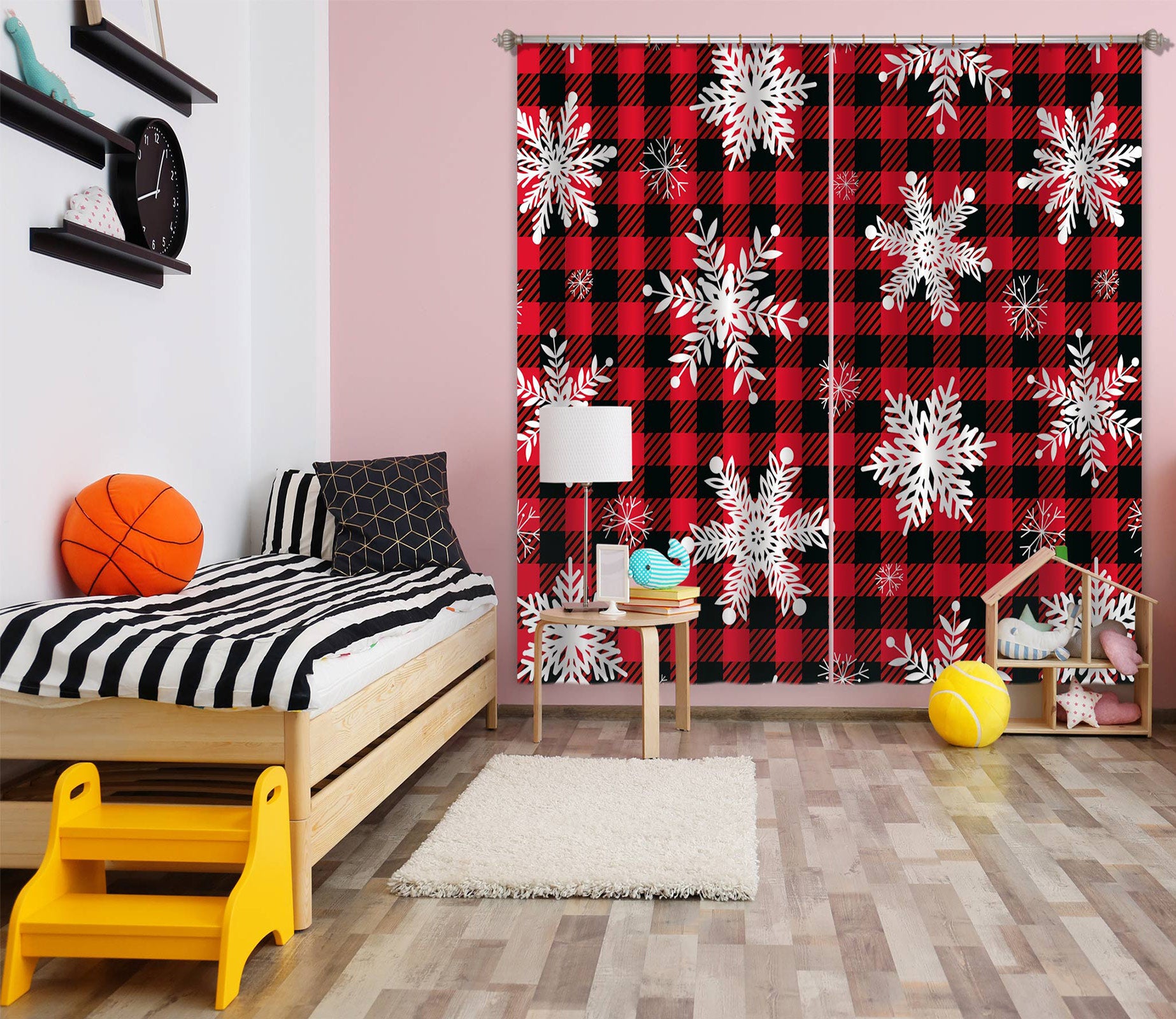 3D Snowflake Black Red Plaid 52085 Christmas Curtains Drapes Xmas