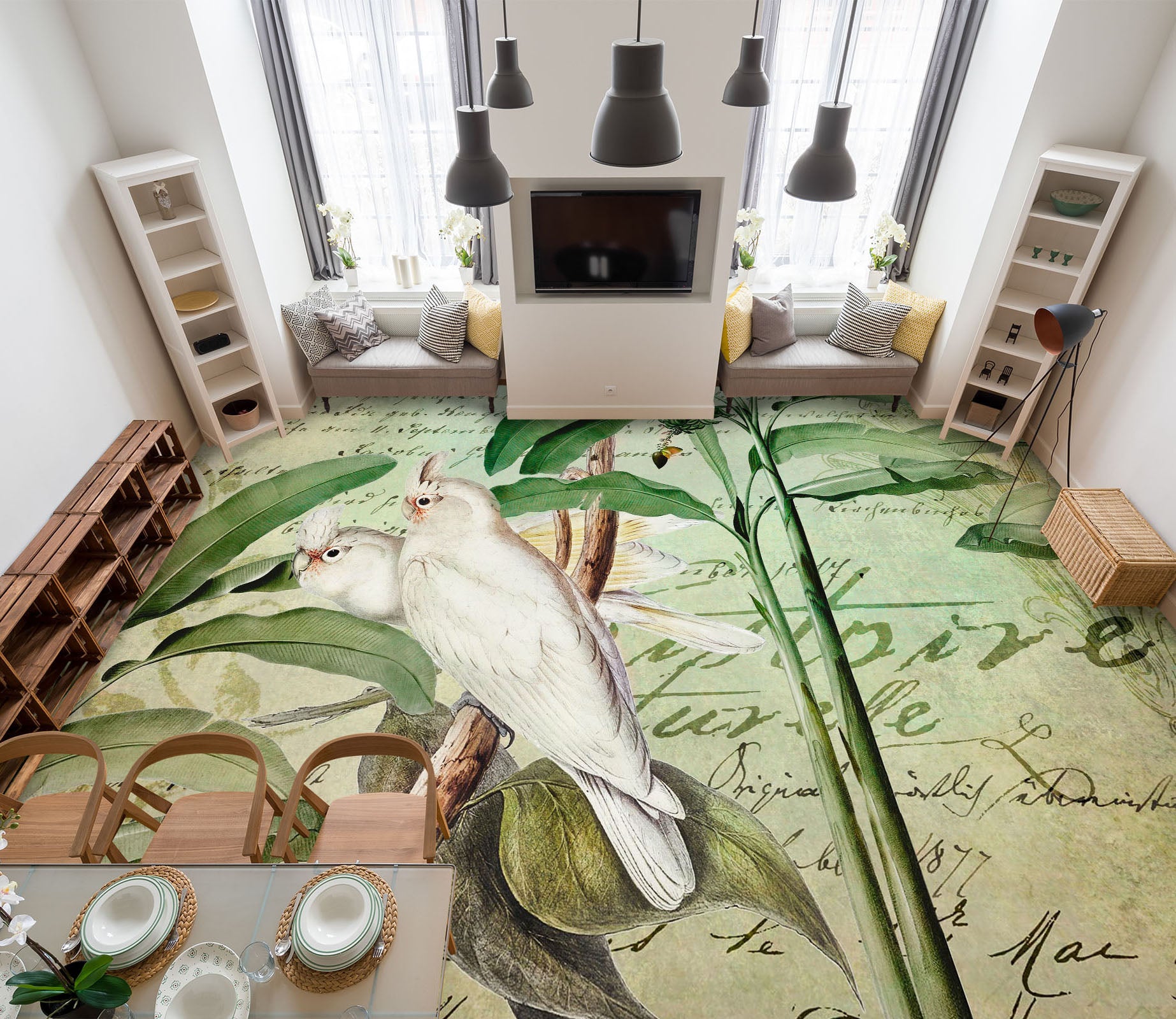 3D White Parrot Leaves 104160 Andrea Haase Floor Mural