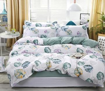 3D White Background Green Leaves 12052 Bed Pillowcases Quilt
