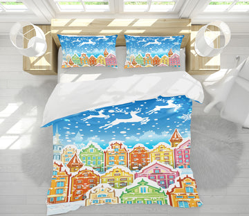 3D Colorful Snow Houses 51089 Christmas Quilt Duvet Cover Xmas Bed Pillowcases