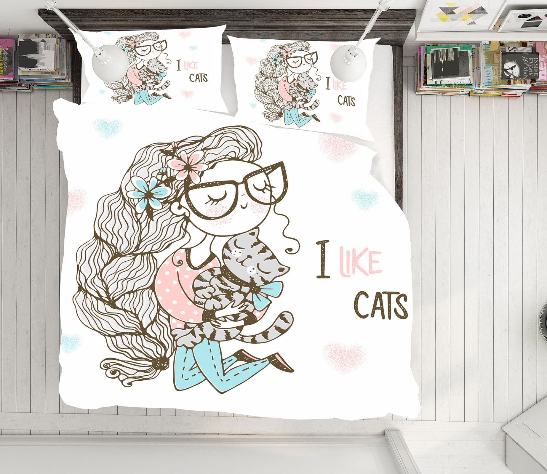 3D Glasses Girl Cat 59039 Bed Pillowcases Quilt