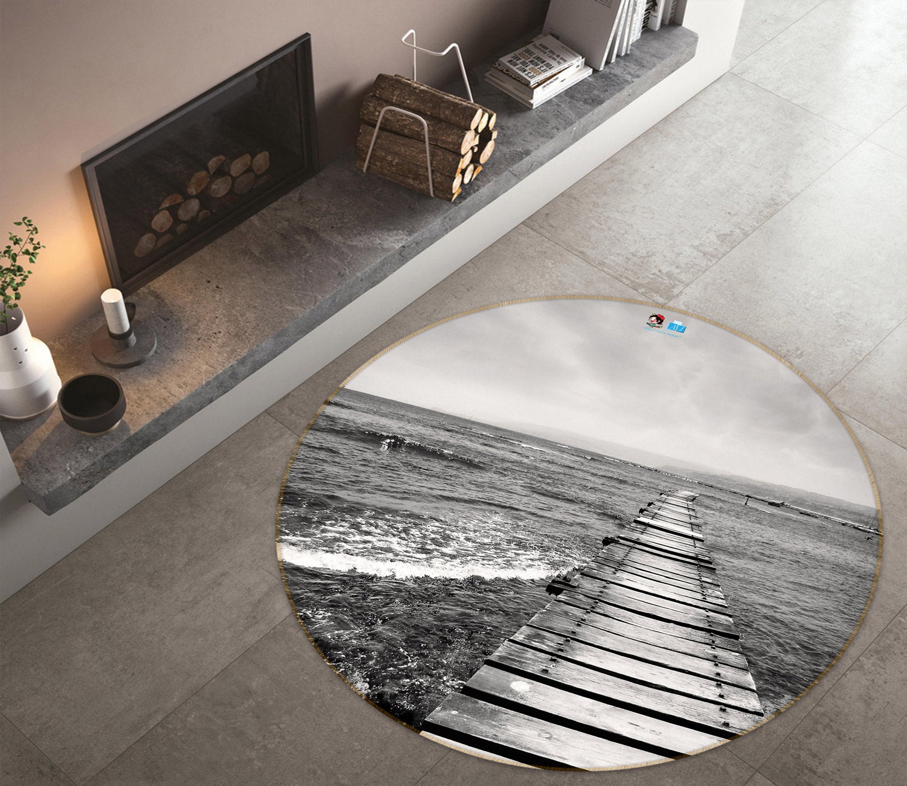 3D Black White Bridge 72224 Round Non Slip Rug Mat
