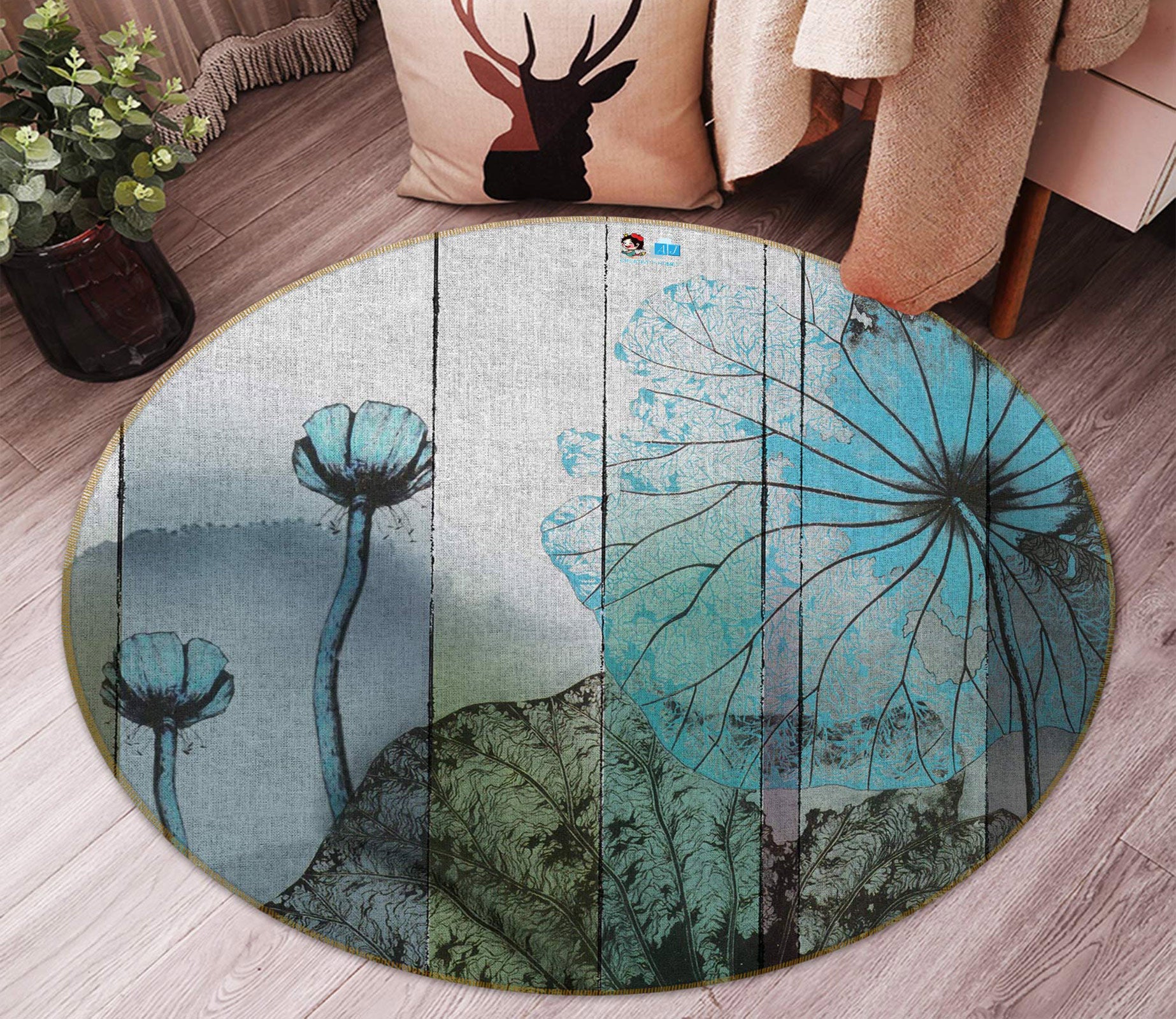 3D Ink Lotus 72270 Round Non Slip Rug Mat