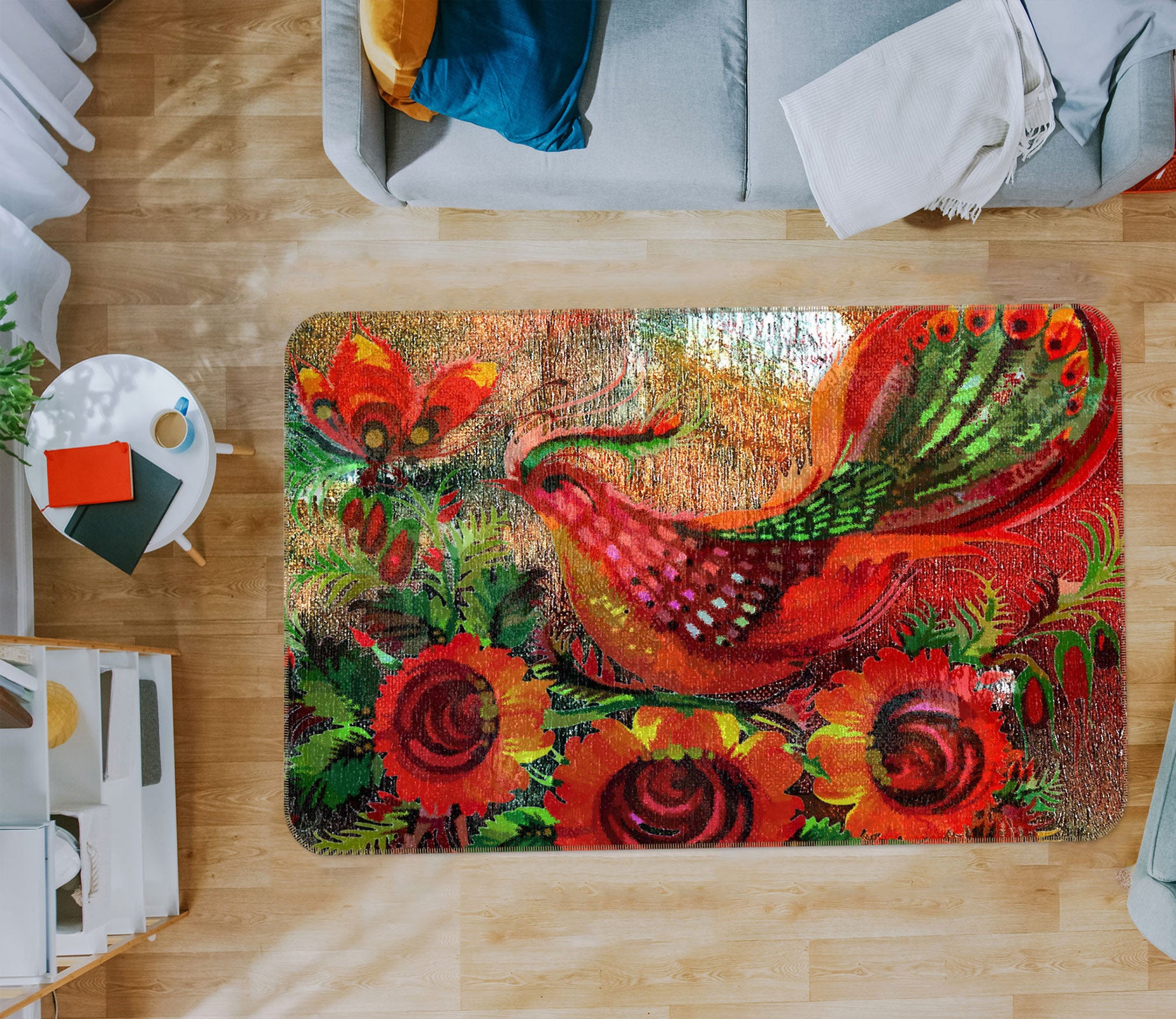 3D Red Flower Bird 76015 Non Slip Rug Mat