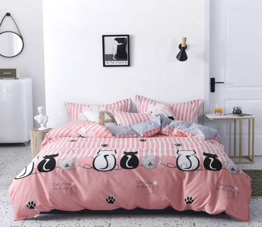 3D Pink Bottom Black White Cat 13020 Bed Pillowcases Quilt