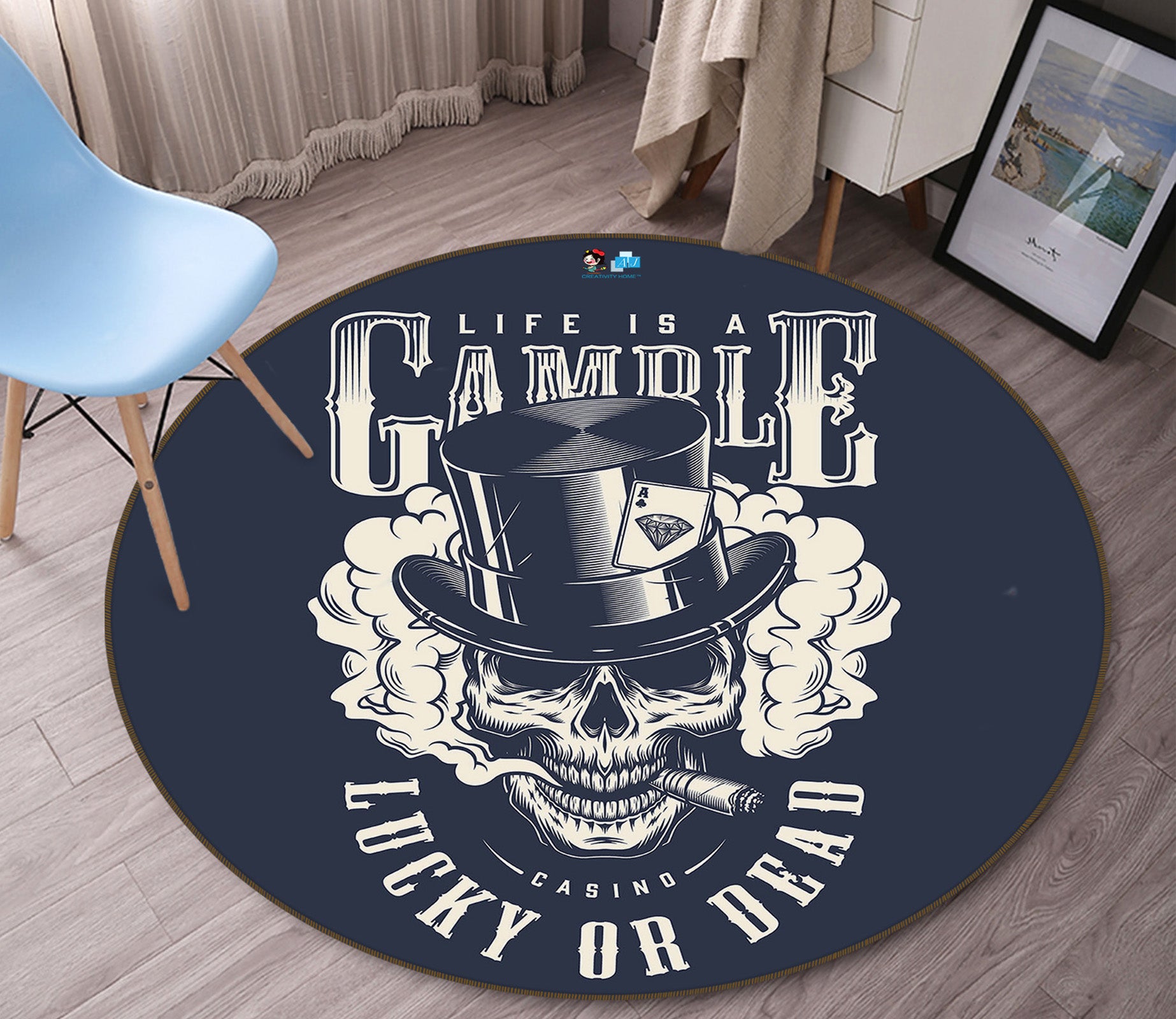 3D Black White Skull 75039 Round Non Slip Rug Mat