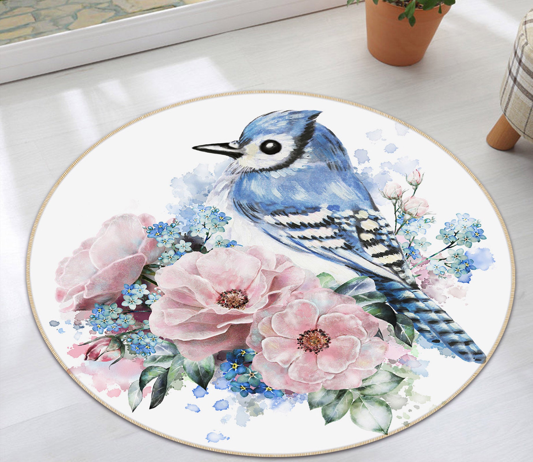 3D Flowers Bird 29012 Round Non Slip Rug Mat