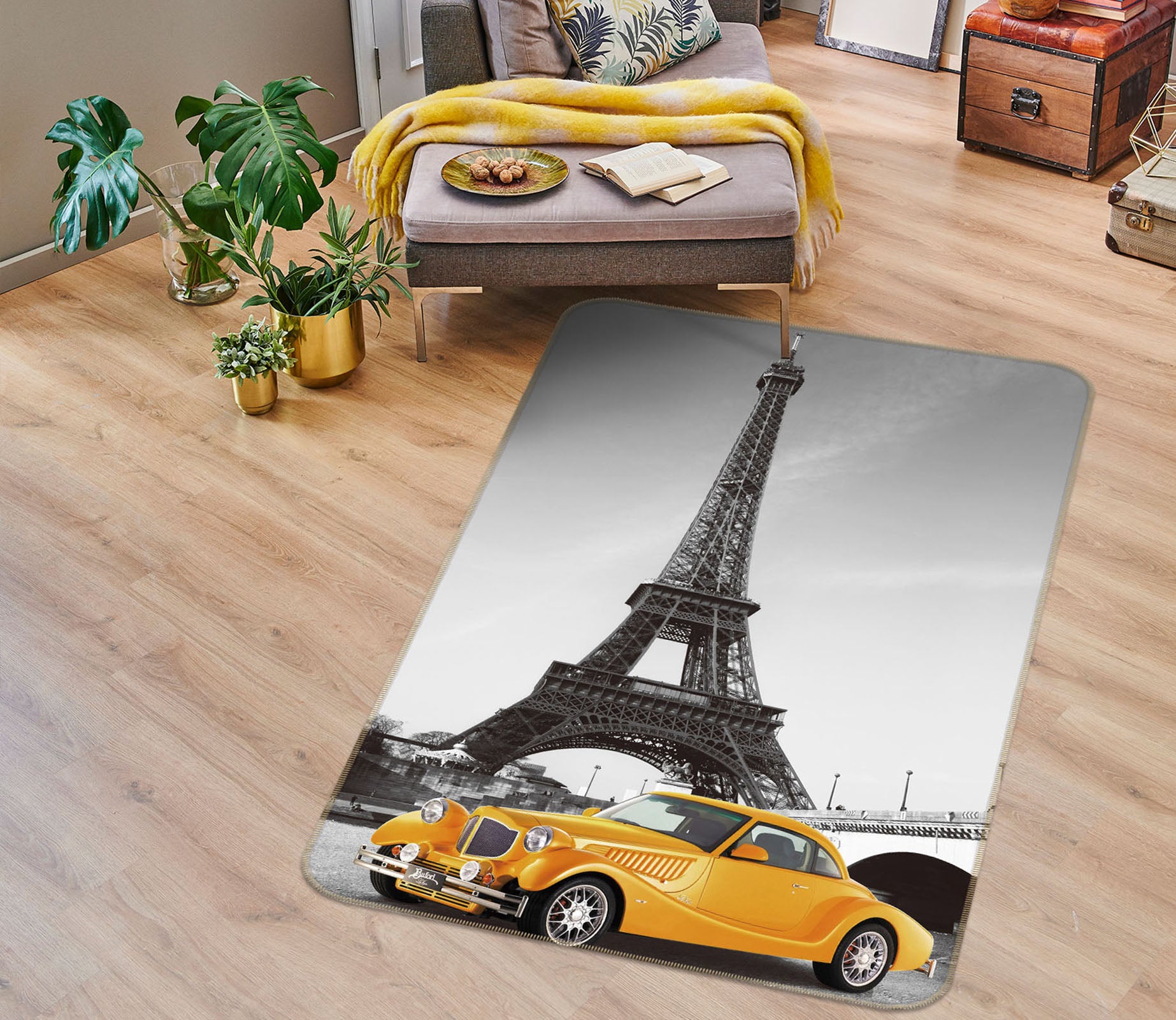 3D Yellow Car Eiffel Tower 42122 Vehicle Non Slip Rug Mat