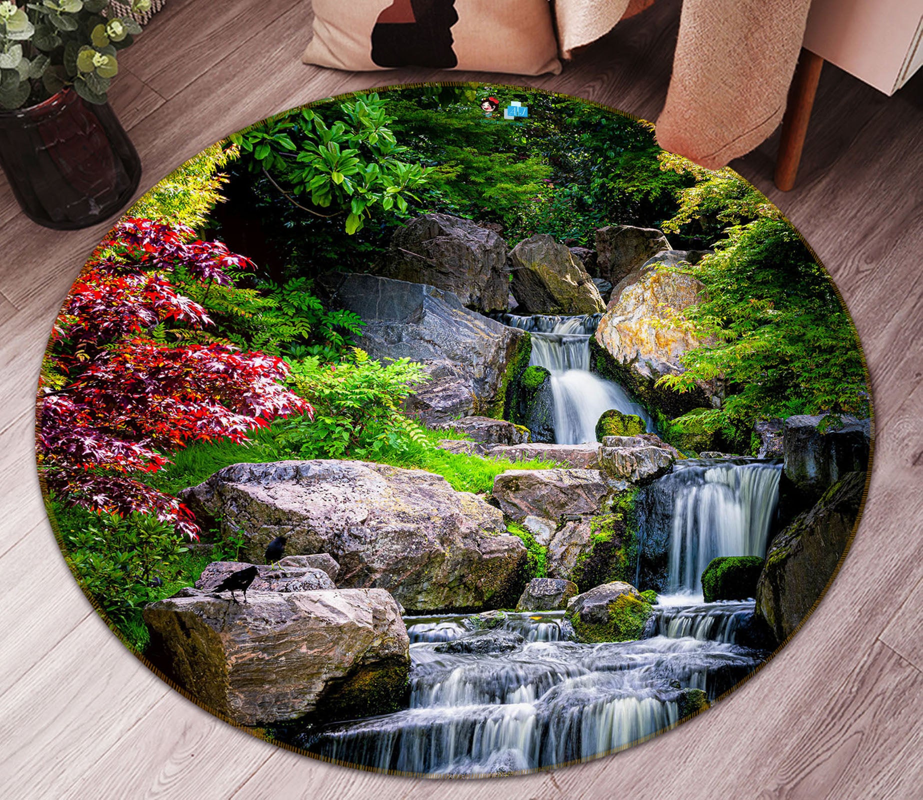 3D Mountain Running Water 69130 Round Non Slip Rug Mat