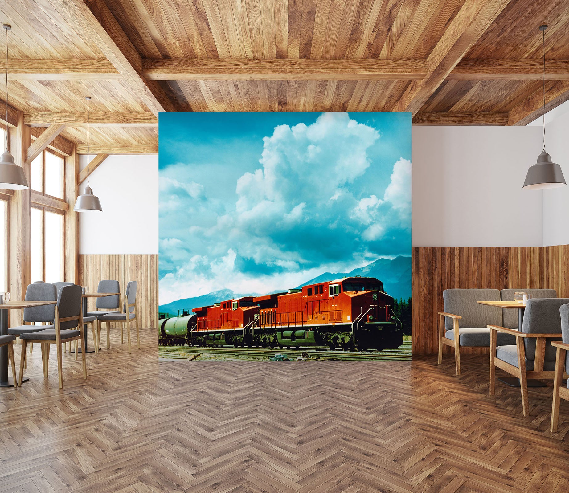 3D White Clouds Train 086 Vehicle Wall Murals