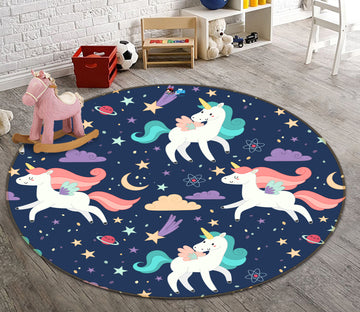 3D Black Background Unicorn Pattern 81126 Round Non Slip Rug Mat