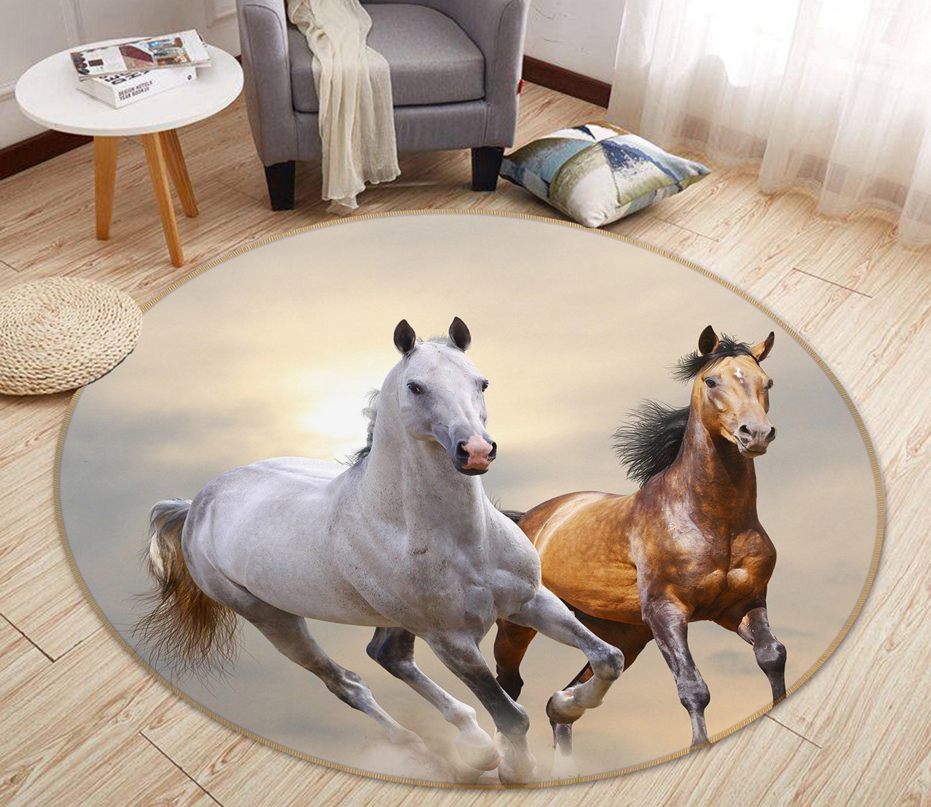 3D Running Horse 37184 Animal Round Non Slip Rug Mat