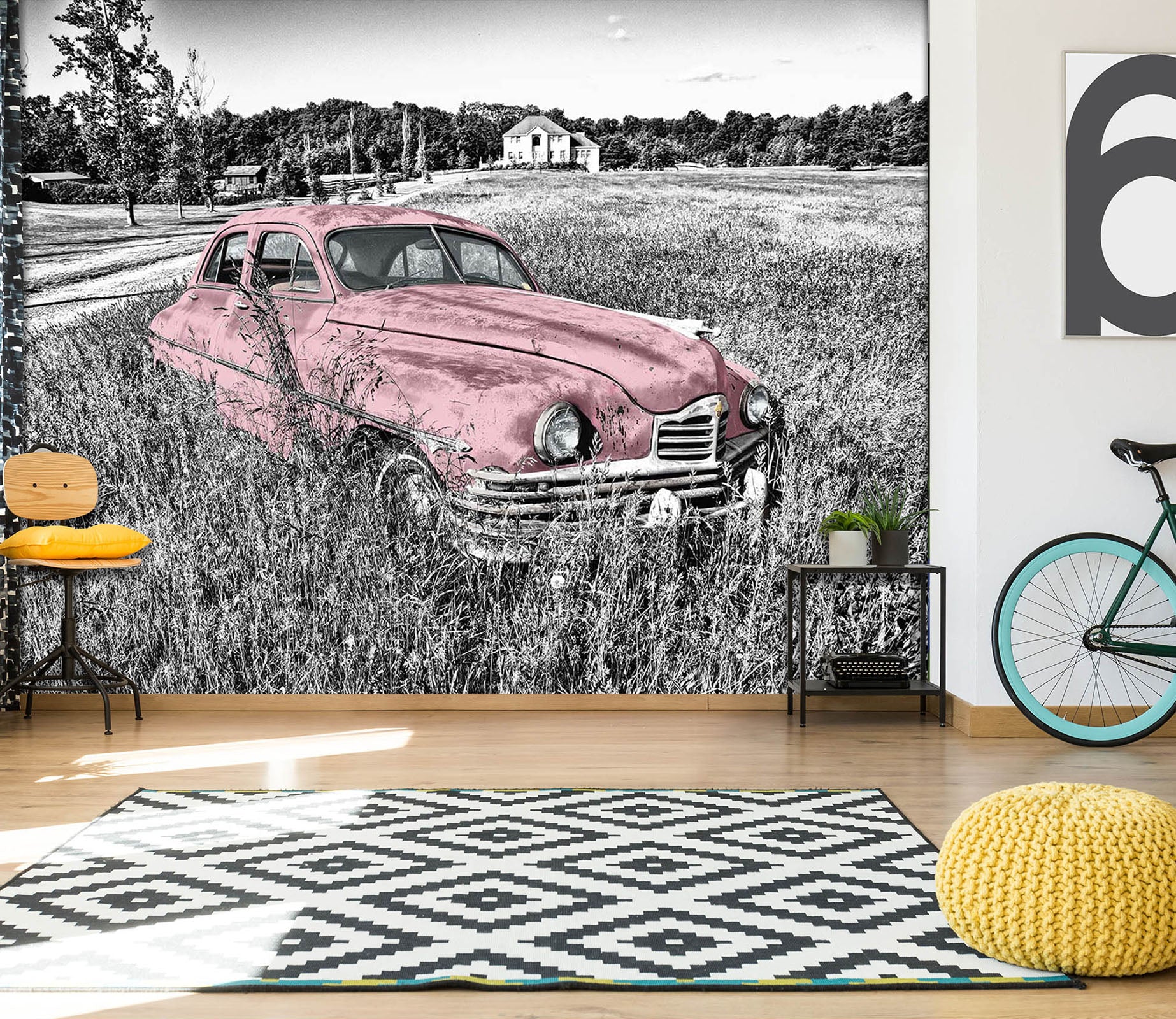 3D Abandoned Pink Car 293 Vehicle Wall Murals