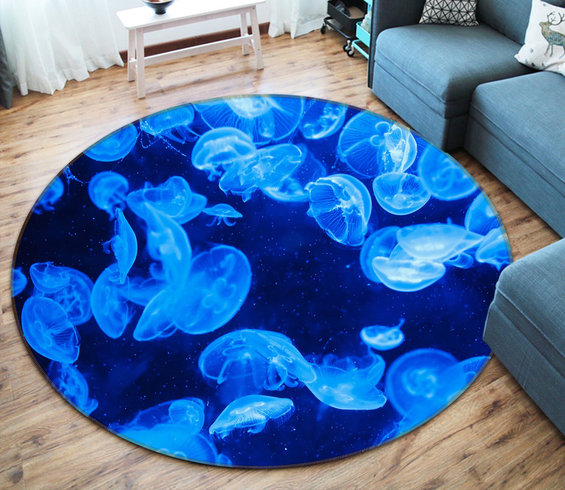 3D Blue Jellyfish 74041 Round Non Slip Rug Mat