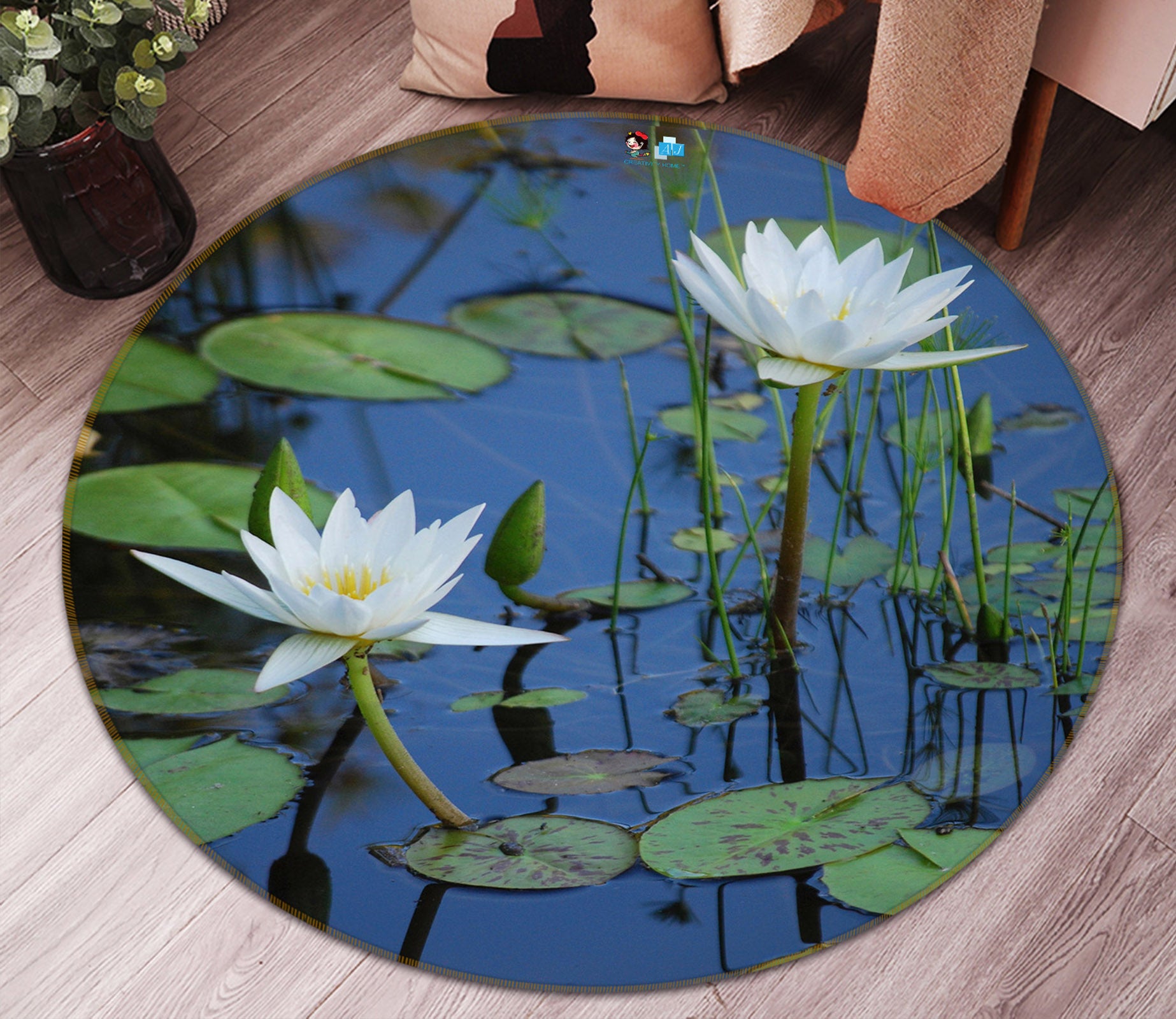 3D White Lotus 71136 Round Non Slip Rug Mat