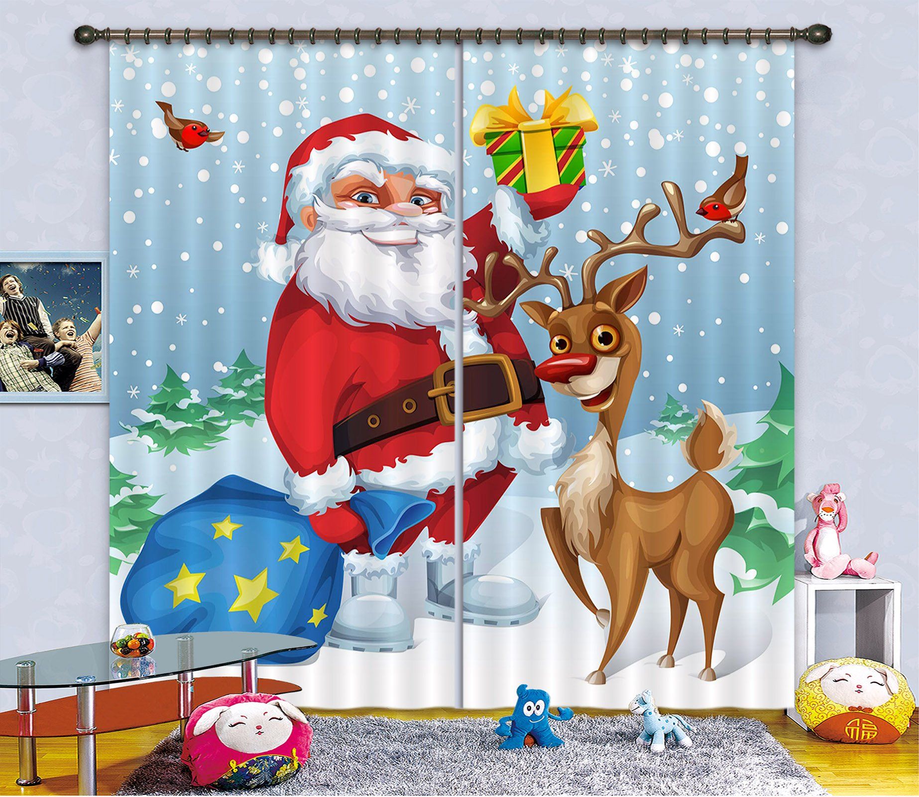 3D Snow Deer Gift Box 86 Curtains Drapes Curtains AJ Creativity Home 