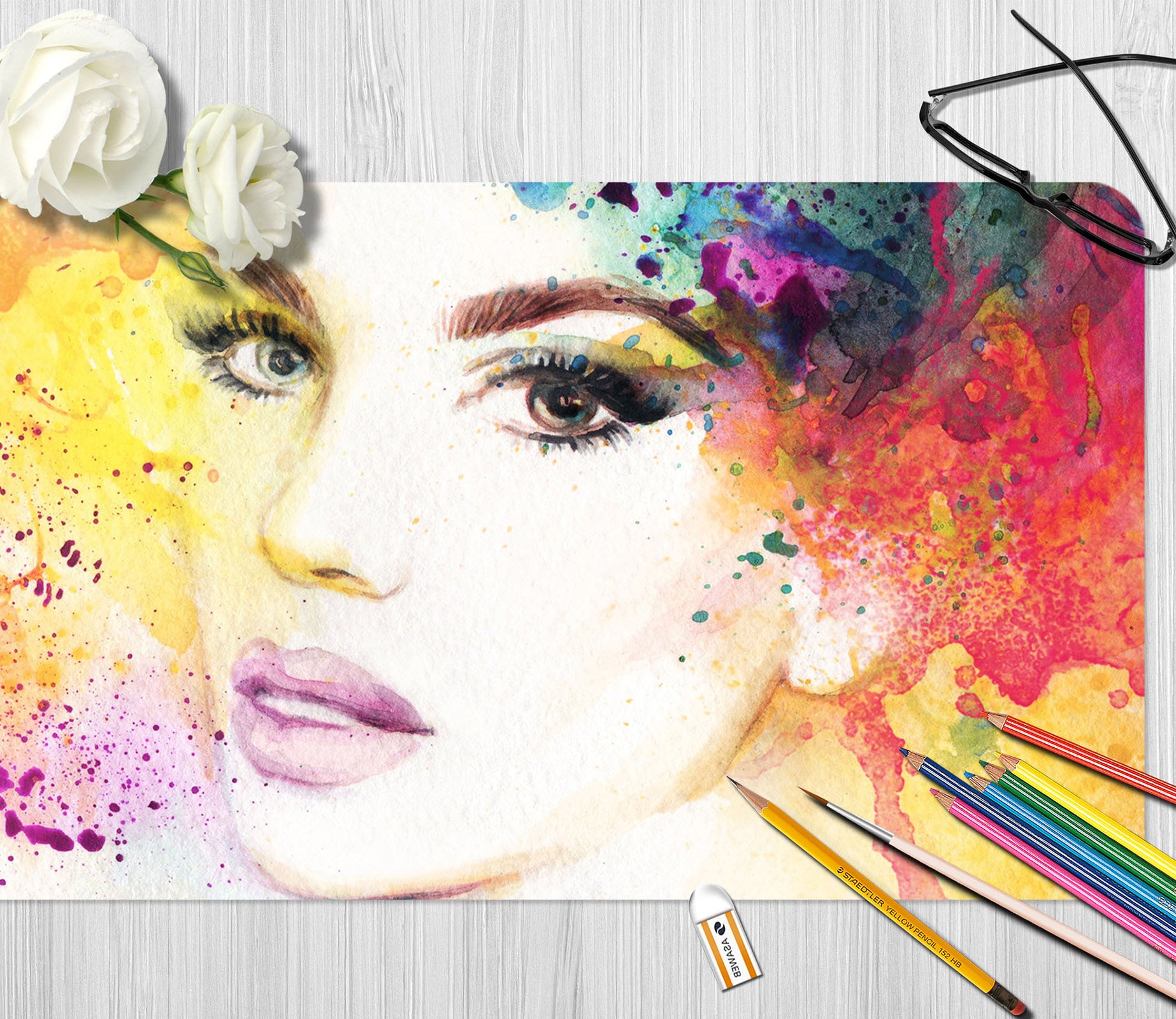 3D Watercolor Flower Girl 17134 Desk Mat