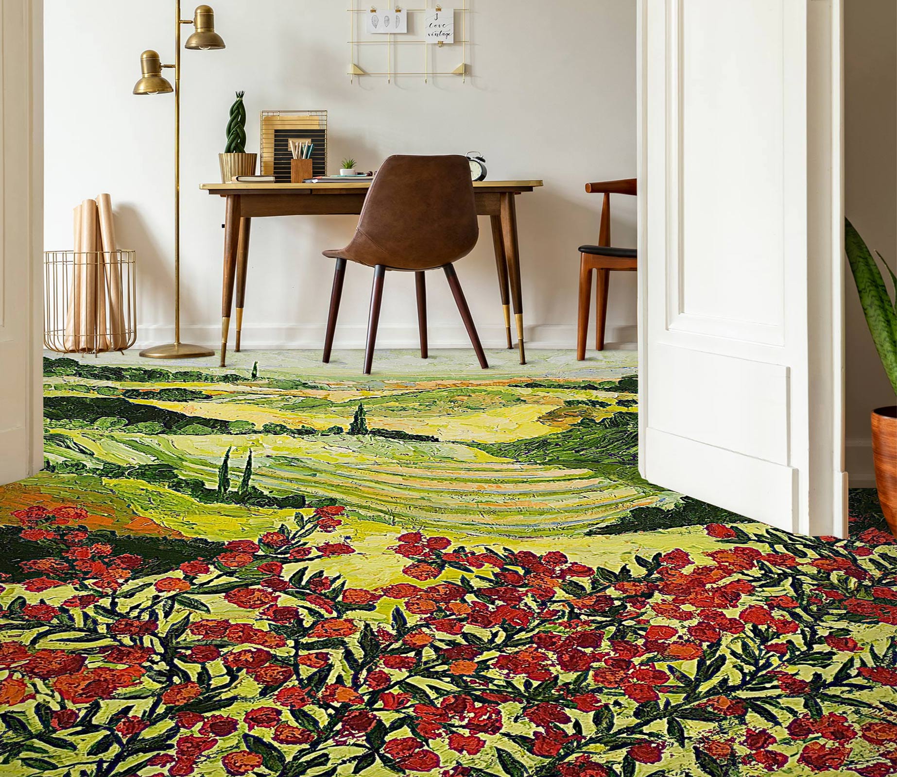 3D Red Flowers Lawn 9525 Allan P. Friedlander Floor Mural
