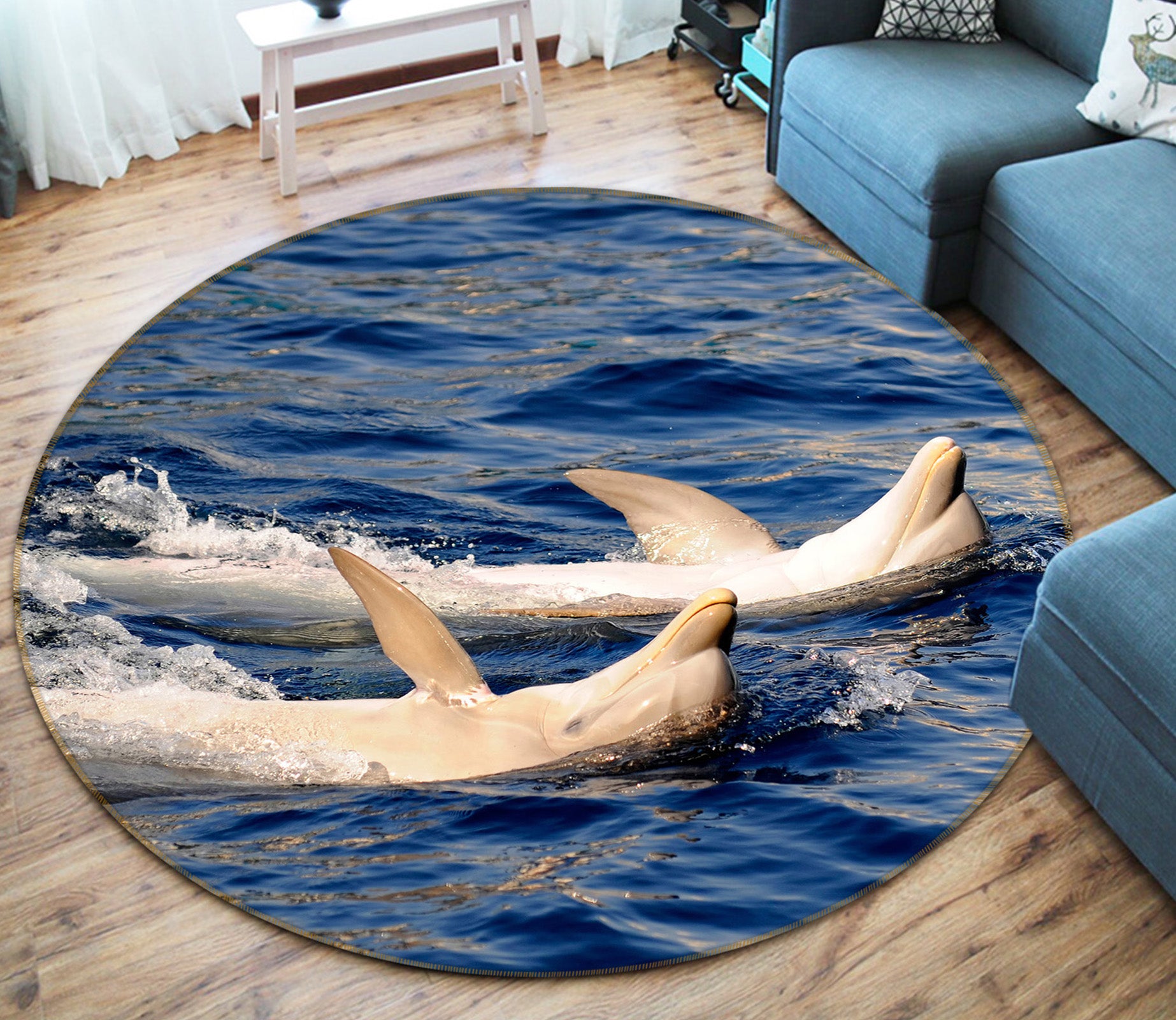 3D Two Dolphins 71200 Round Non Slip Rug Mat